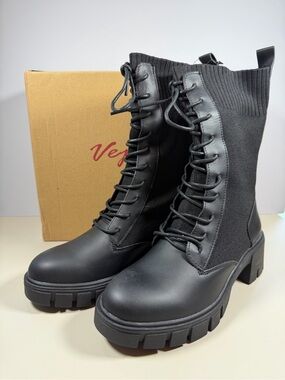 Vepose Black Lace-Up Chunky Combat Boots